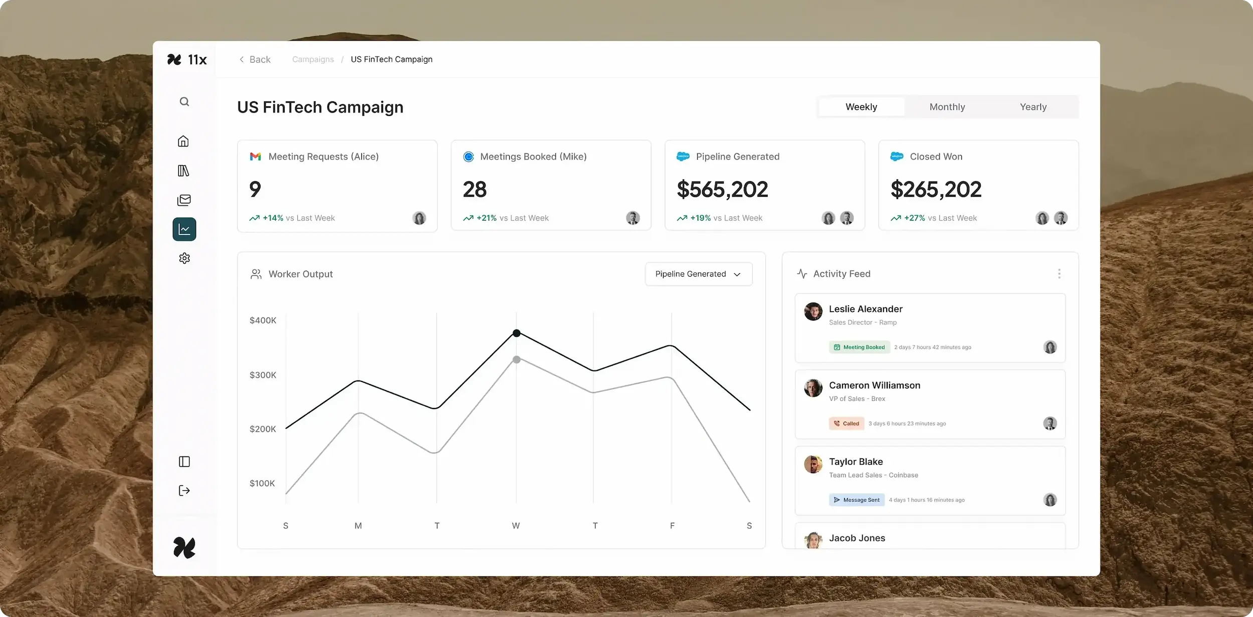 11x.ai campaign dashboard showing pipeline generated, meetings booked, and activity feed