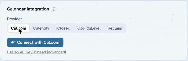 The Calendar integration card in Gelee with the five tools in a row and a blue Connect with Cal.com button