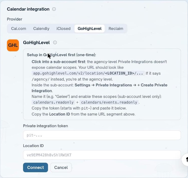 The GoHighLevel form in Gelee with setup steps, a token box and a Location ID box