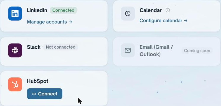 The Integrations tab in Gelee showing the Slack card with a Not connected label next to LinkedIn, Calendar and HubSpot